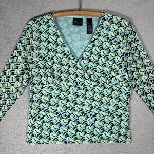 Axcess Babydoll Top Women Size‎ L Teal Black Green Geometric Y2K Fairy Retro Art